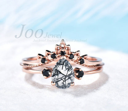 Three stone ring Pear shaped black rutilated quartz engagement ring set vintage milgrain lace black diamond ring for women rose gold silver