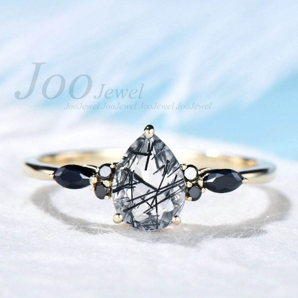 Vintage pear shaped black rutilated quartz engagement ring 14k gold art deco black diamond ring for women unique anniversary wedding ring