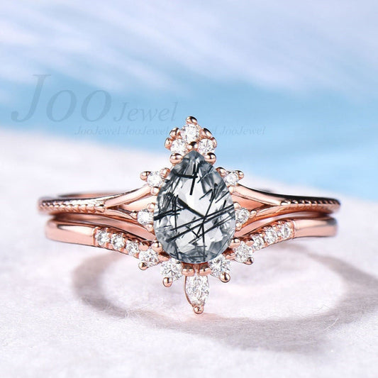 Pear Shaped Natural Black Rutilated Quartz Engagement Ring Set Vintage Black Rutile Ring Pure 10K/14K/18K Rose Gold Crystal Wedding Ring