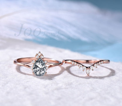Pear Shaped Natural Black Rutilated Quartz Engagement Ring Set Vintage Black Rutile Ring Pure 10K/14K/18K Rose Gold Crystal Wedding Ring