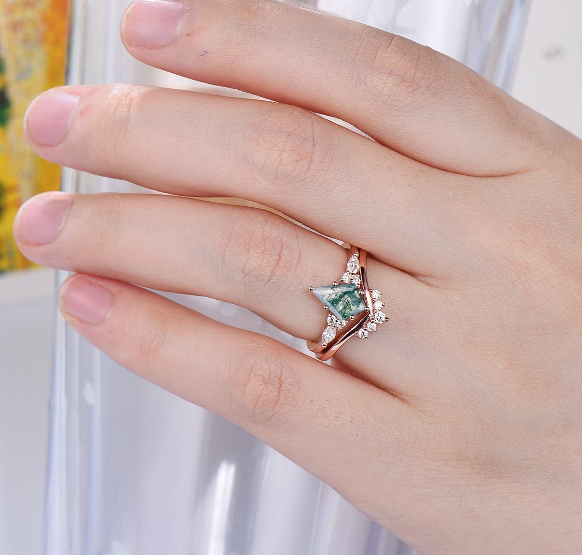 Natural Green Moss Agate Ring Set Vintage Kite Engagement Ring Set Unique Kite Cut Bridal Set Crystal Healing Gift Unique Wedding Ring Set