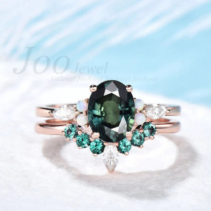 Oval Cut Natural Teal Green Sapphire Engagement Ring Set Opal Emerald Wedding Band Teal Montana Sapphire Bridal Set Anniversary Gift for Her