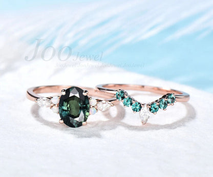Oval Cut Natural Teal Green Sapphire Engagement Ring Set Opal Emerald Wedding Band Teal Montana Sapphire Bridal Set Anniversary Gift for Her