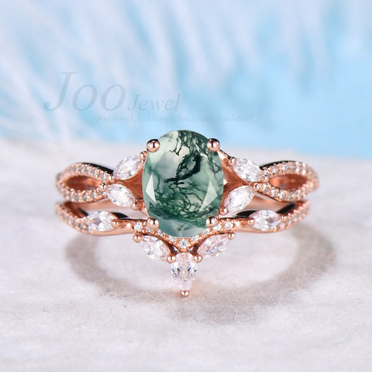 Oval Cut Moss Agate Bridal Ring Set Marquise Moissanite Half Eternity Wedding Band Leaf Engagement Ring Infinity Wedding Ring Promise Gifts