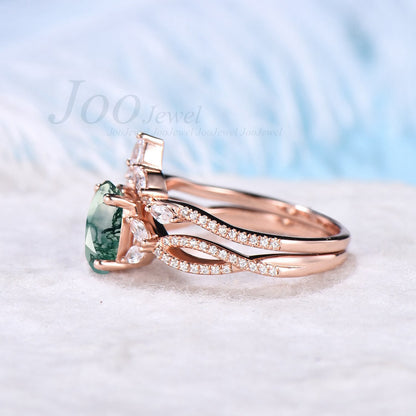 Oval Cut Moss Agate Bridal Ring Set Marquise Moissanite Half Eternity Wedding Band Leaf Engagement Ring Infinity Wedding Ring Promise Gifts