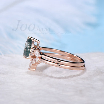 Unique Pear Shaped Engagement Ring Sterling Silver Natural Green Moss Agate Ring For Women Vintage Moss Agate Crystal Engagement Ring Set