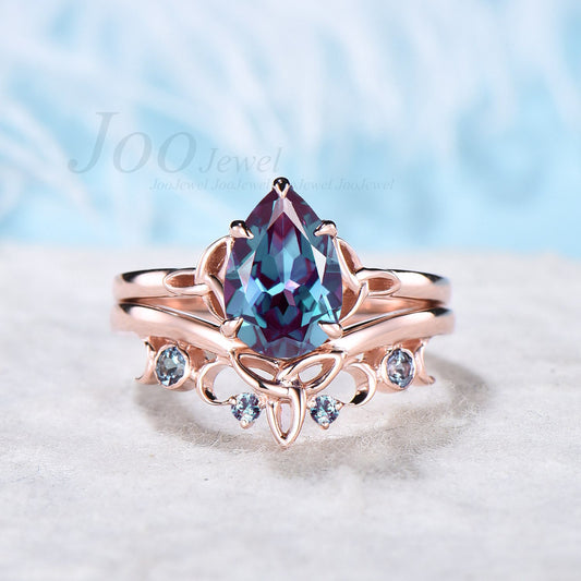 Celtic Bridal Ring Set Women Unique Pear Shaped Color Change Alexandrite Engagement Ring Set Rose Gold Alexandrite Wedding Band Promise Ring