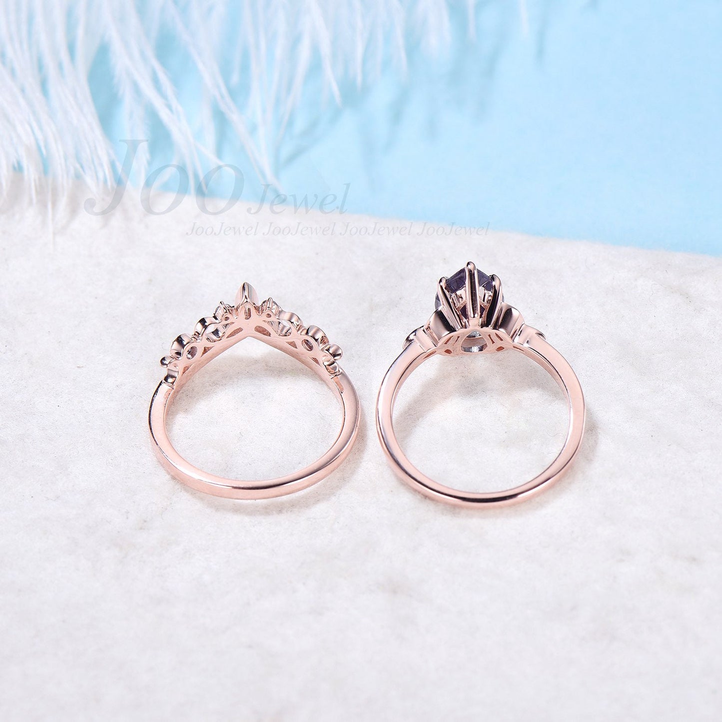 Celtic Bridal Ring Set Women Unique Pear Shaped Color Change Alexandrite Engagement Ring Set Rose Gold Alexandrite Wedding Band Promise Ring