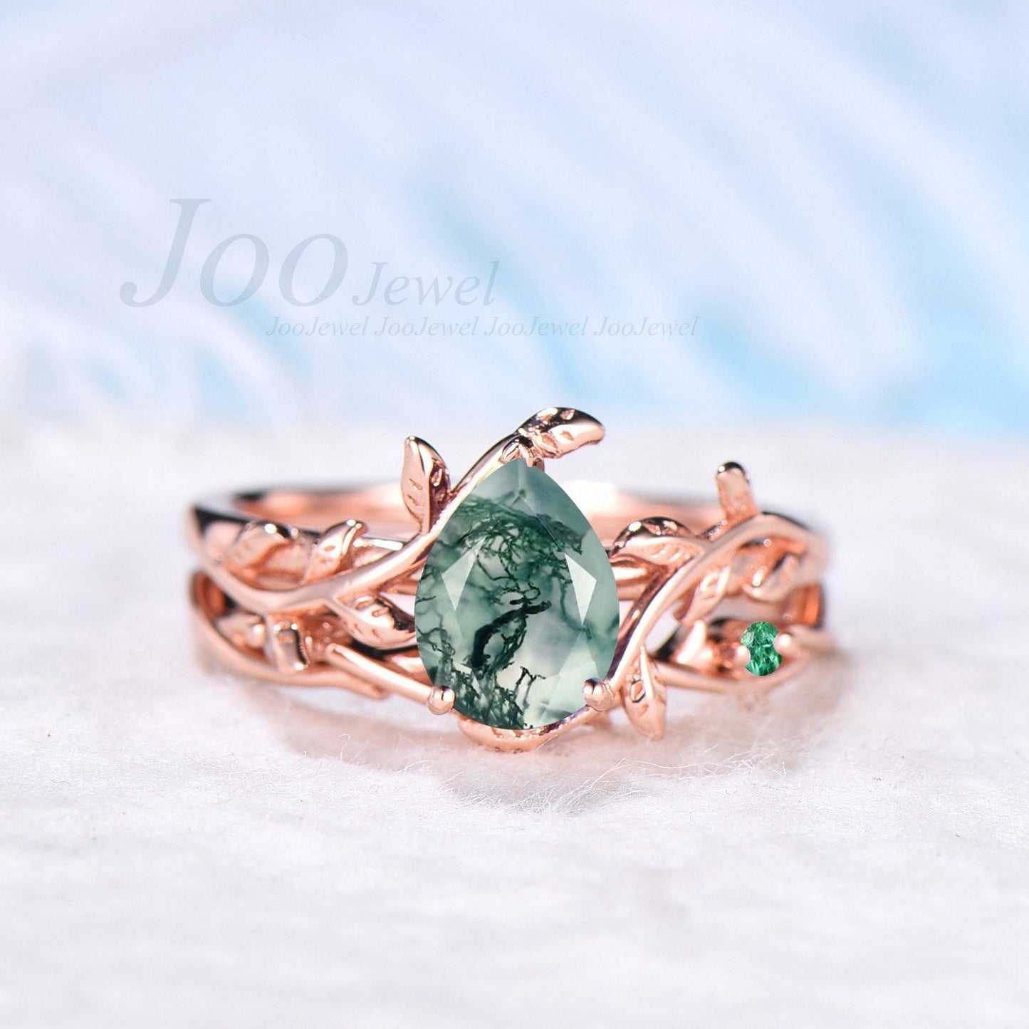 Pear Shaped Natural Moss Agate Ring Leaf Engagement Ring Set Green Gemstone Jewelry Twig Wedding Band Emerald Moss Bridal Set Unique Gifts