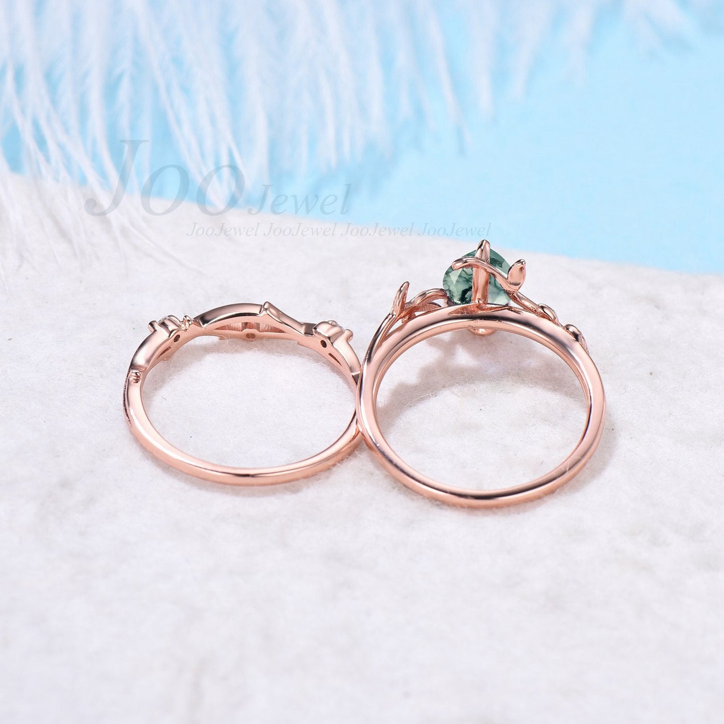 Pear Shaped Natural Moss Agate Ring Leaf Engagement Ring Set Green Gemstone Jewelry Twig Wedding Band Emerald Moss Bridal Set Unique Gifts