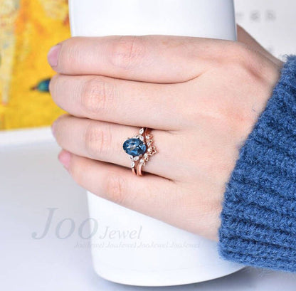 Sterling Silver Dainty Natural London Blue Topaz Engagement Ring Set December Birthstone Wedding Ring Topaz Gemstone Jewelry Gift for Her