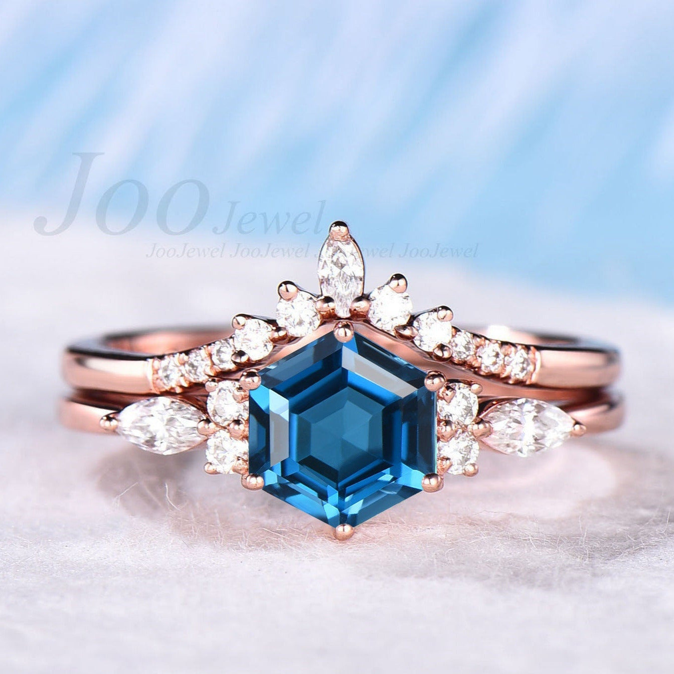 Sterling Silver Hexagon Cut Natural London Blue Topaz Engagement Ring Set December Birthstone Bridal Ring Topaz Jewelry Anniversary Gifts