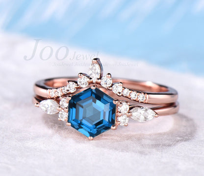 Sterling Silver Hexagon Cut Natural London Blue Topaz Engagement Ring Set December Birthstone Bridal Ring Topaz Jewelry Anniversary Gifts