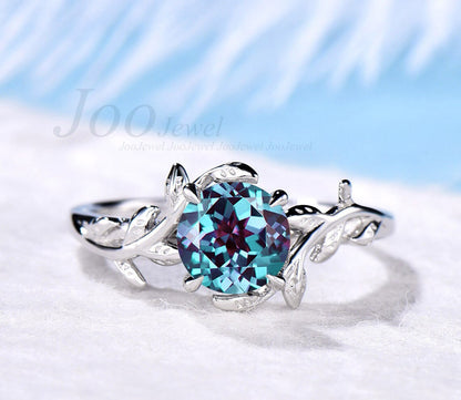 Sterling Silver 1ct Round Alexandrite Ring Leaf Engagement Rings June Birthstone Wedding Ring Nature Inspired Ring Anniversary Birthday Gift