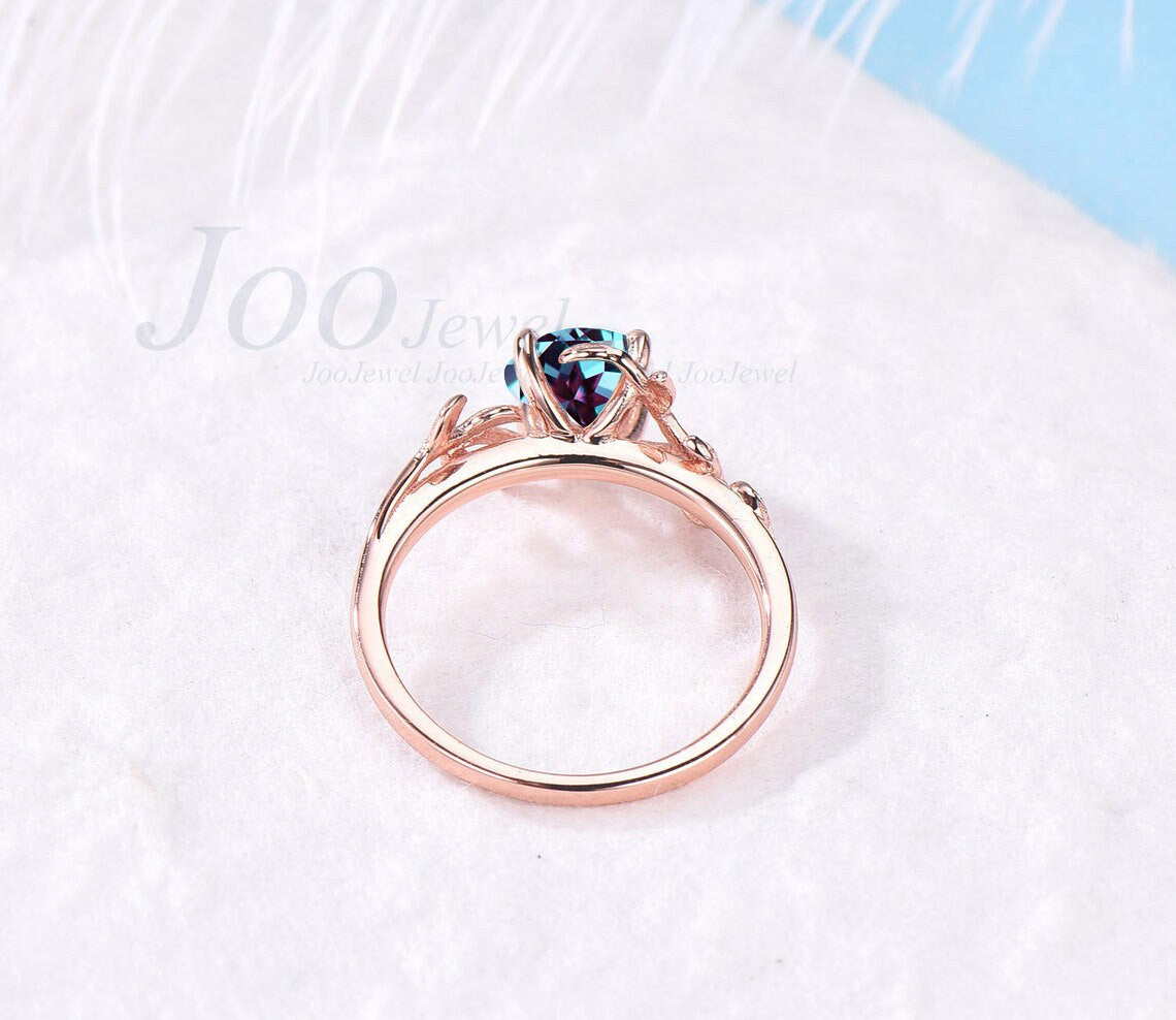 Sterling Silver 1ct Round Alexandrite Ring Leaf Engagement Rings June Birthstone Wedding Ring Nature Inspired Ring Anniversary Birthday Gift