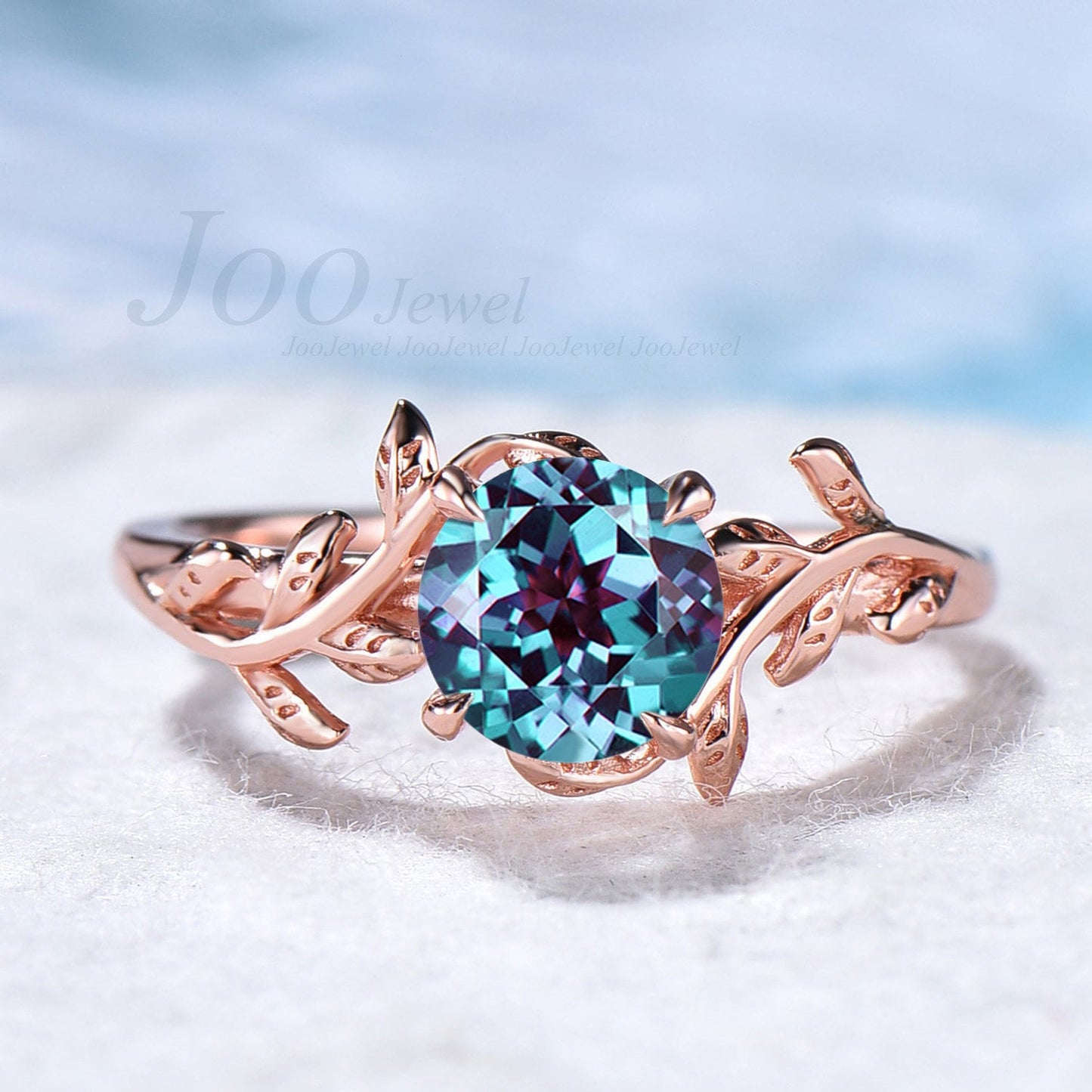 Sterling Silver 1ct Round Alexandrite Ring Leaf Engagement Rings June Birthstone Wedding Ring Nature Inspired Ring Anniversary Birthday Gift