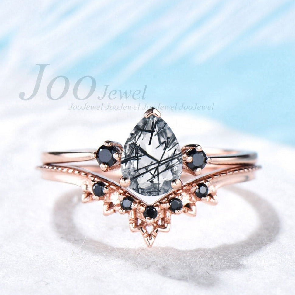 Three stone ring Pear shaped black rutilated quartz engagement ring set vintage milgrain lace black diamond ring for women rose gold silver