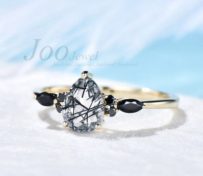 Vintage pear shaped black rutilated quartz engagement ring 14k gold art deco black diamond ring for women unique anniversary wedding ring
