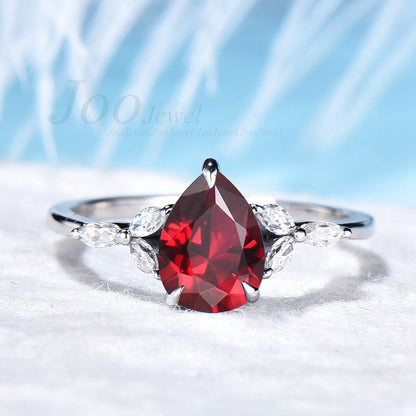 Sterling Silver 1.25ct Pear Shaped Ruby Engagement Ring Vintage Cluster CZ Diamond Ring Anniversary Ring Women July Birthstone Jewelry Gift