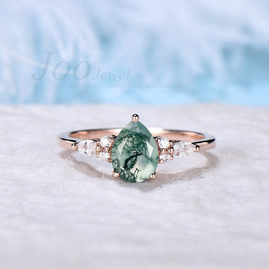 1.25ct Natural Moss Agate Ring Sterling Silver Pear Ring Unique Cluster Engagement Ring Aquatic Green Agate Promise Wedding Ring Woman