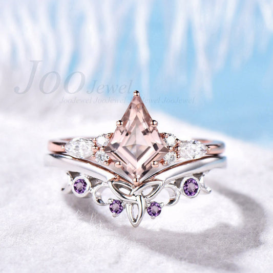 Kite Cut Natural Pink Peach Morganite Bridal Ring Set Purple Amethyst Wedding Ring Celtic Knot Wedding Band Anniversary Wedding Gift for Her