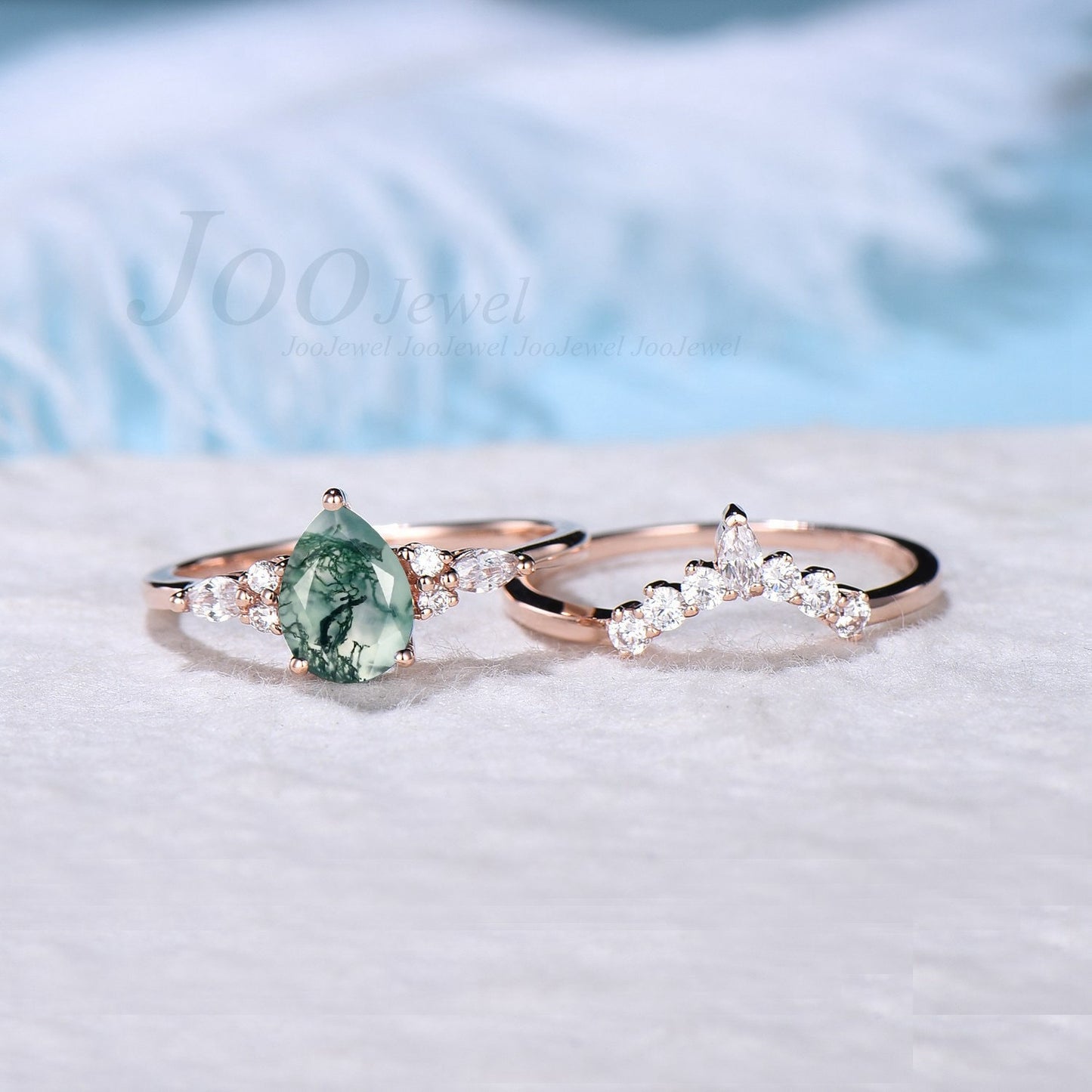 Unique Pear Shaped Engagement Ring Sterling Silver Natural Green Moss Agate Ring For Women Vintage Moss Agate Crystal Engagement Ring Set