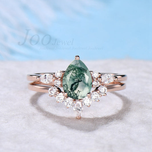 Unique Pear Shaped Engagement Ring Sterling Silver Natural Green Moss Agate Ring For Women Vintage Moss Agate Crystal Engagement Ring Set