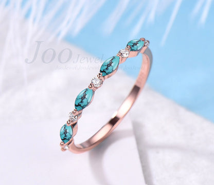Marquise Cut Turquoise Wedding Band Vintage Half Eternity Turquoise Ring December Birthstone Matching Band Stackable Ring Anniversary Gift
