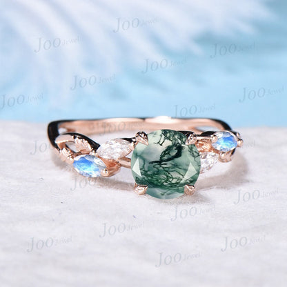 1.2ct Round Cut Natural Moss Agate Ring Nature Inspired Moss Engagement Rings Leaf Branch Twig Moonstone Wedding Ring Unique Gifts for Her
