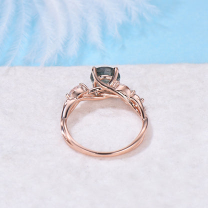 1.2ct Round Cut Natural Moss Agate Ring Nature Inspired Moss Engagement Rings Leaf Branch Twig Moonstone Wedding Ring Unique Gifts for Her