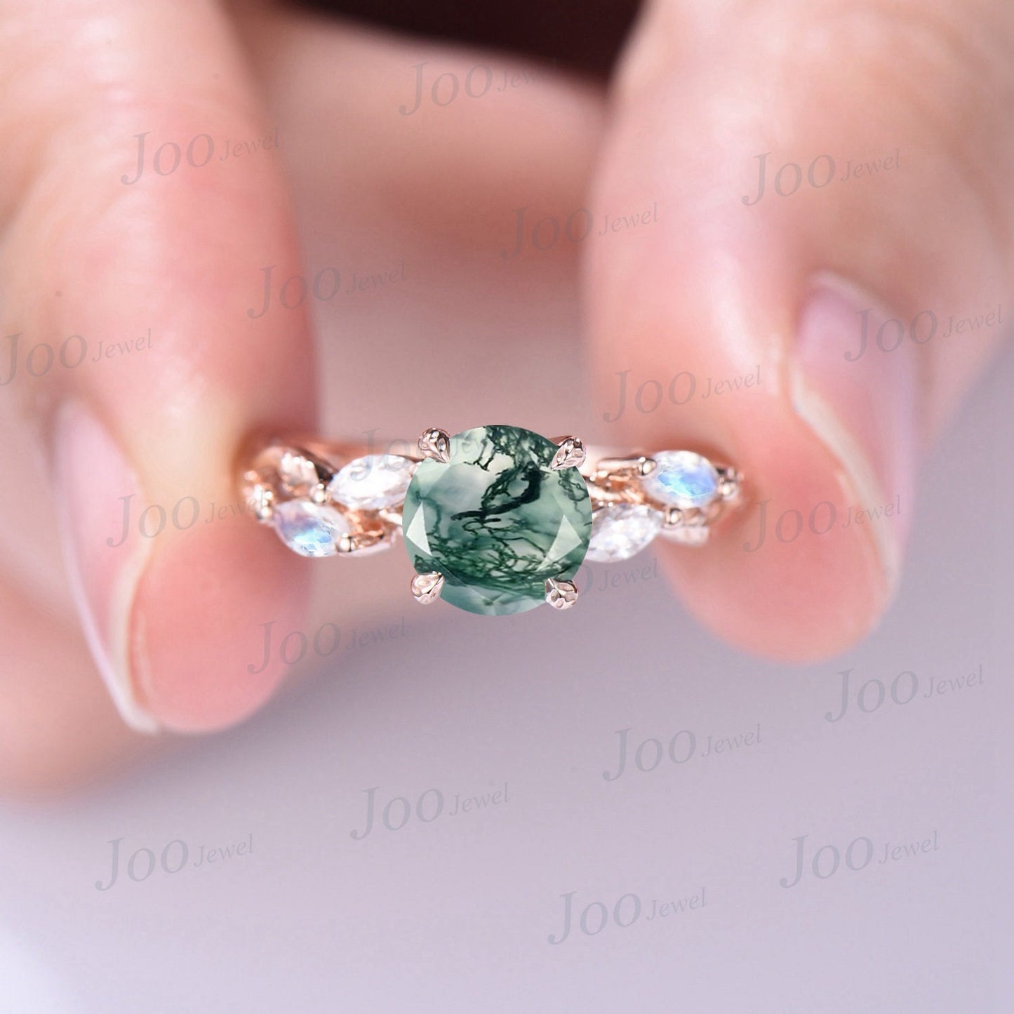 1.2ct Round Cut Natural Moss Agate Ring Nature Inspired Moss Engagement Rings Leaf Branch Twig Moonstone Wedding Ring Unique Gifts for Her