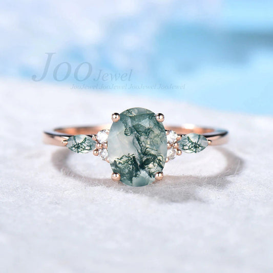 1.5ct Oval Cut Natural Moss Agate Engagement Rings Rose Gold Silver Cluster Aquatic Agate Promise Ring Marquise Moss Moissanite Wedding Ring