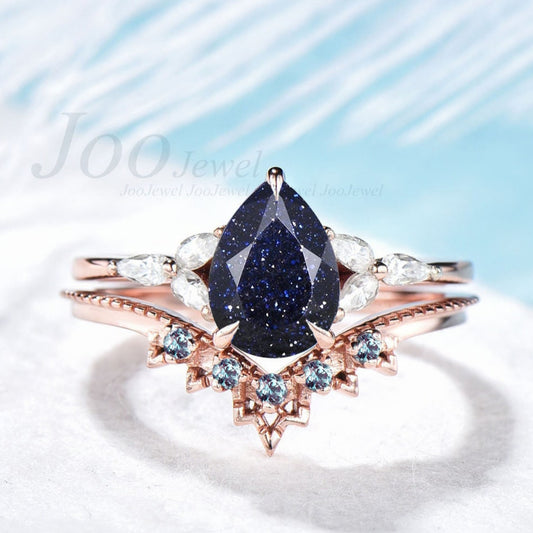 Pear Engagement Rings 1.25ct Blue Sandstone Ring Set Sterling Silver Galaxy Starry Sky Nebula Ring Alexandrite Wedding Band Proposal Gifts