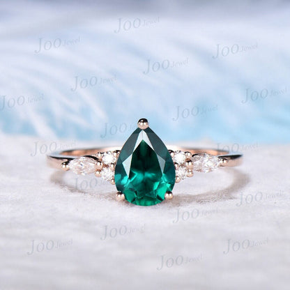 Dainty Ring Sterling Silver Pear Emerald Ring Green Gemstone Ring Custom Bridal Ring Teardrop Emerald Engagement Ring May Birthstone