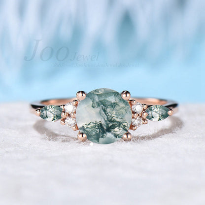 Hexagon Moss Agate Engagement Rings Sterling Silver Cluster Natural Green Aquatic Agate Promise Ring Marquise Moss Moissanite Wedding Ring