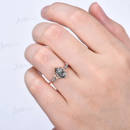 Hexagon Cut Black Rutilated Quartz Engagement Ring Set Platinum Ring Vintage Black Rutile Crystal Ring Unique Wedding/Birthday Gift Women