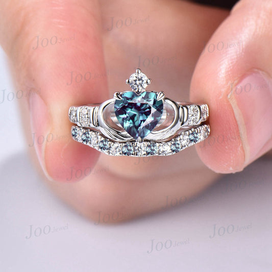 Alexandrite Engagement Ring Set June Birthstone Celtic Claddagh Engagement Ring Irish Promise Ring Women Anniversary Gift Heart Wedding Ring