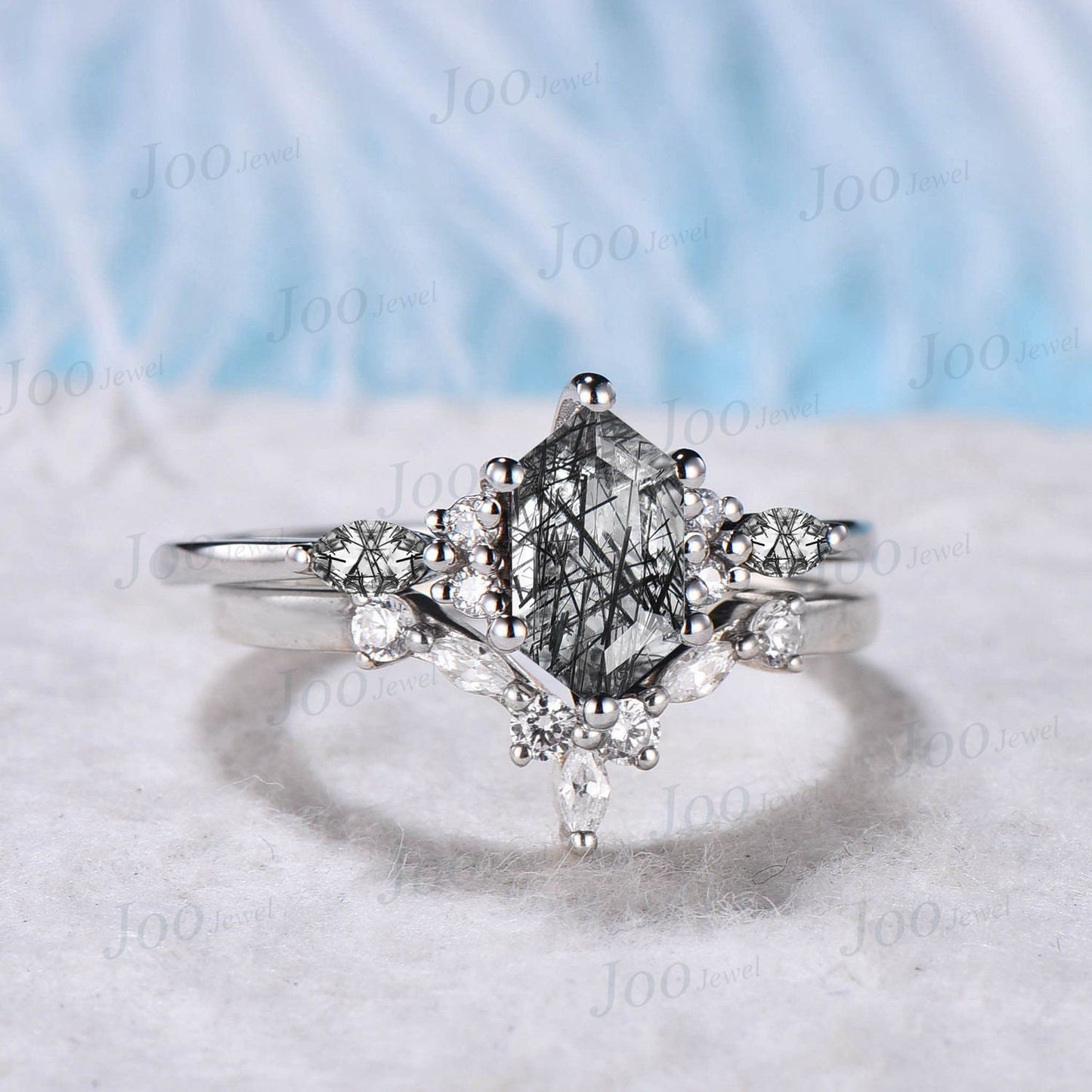 Hexagon Cut Black Rutilated Quartz Engagement Ring Set Vintage Sterling Silver Black Rutile Crystal Ring Unique Wedding/Birthday Gift Women