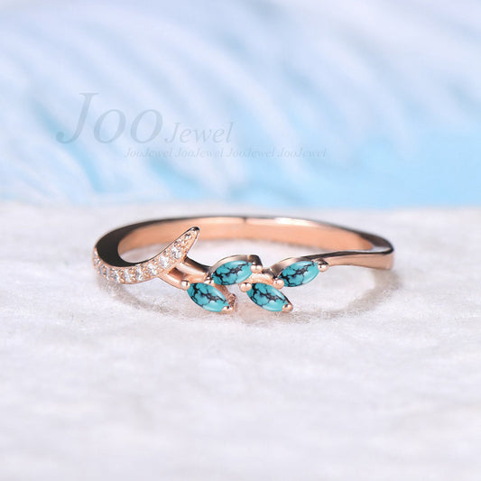 Minimalist Natural Turquoise Ring Sterling Silver Green Turquoise Leaf Wedding Band Dainty Moisssanite Wedding Ring Nature Inspired Jewelry