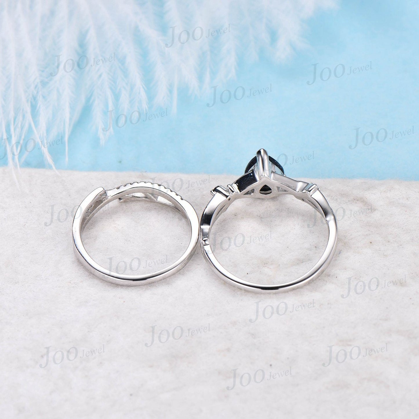 1.25ct Pear Shaped Blue Sandstone Ring White Gold Twig Engagement Ring Set Galaxy Starry Sky Ring Unique Blue Gemstone Jewelry Proposal Gift