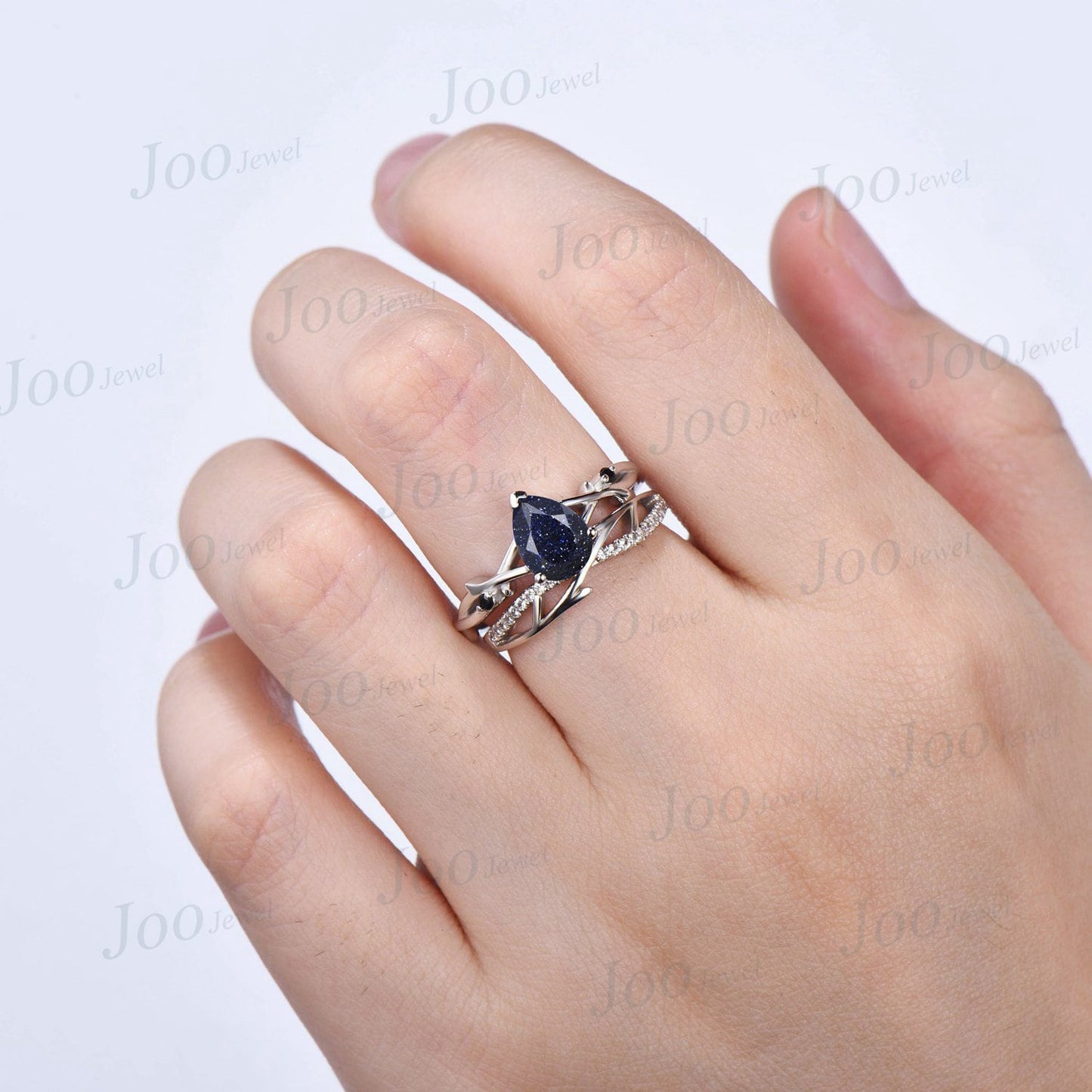 1.25ct Pear Shaped Blue Sandstone Ring White Gold Twig Engagement Ring Set Galaxy Starry Sky Ring Unique Blue Gemstone Jewelry Proposal Gift