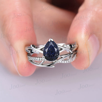 1.25ct Pear Shaped Blue Sandstone Ring White Gold Twig Engagement Ring Set Galaxy Starry Sky Ring Unique Blue Gemstone Jewelry Proposal Gift