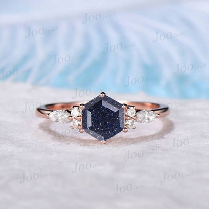 Galaxy Blue Sandstone Ring Sterling Silver Hexagon Blue Sandstone Engagement Ring Goldstone Ring Rose Gold Anniversary Promise Ring for Her