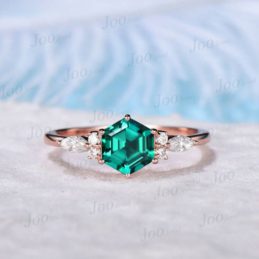 Hexagon Ring Emerald Engagement Ring May Birthstone Vintage Anniversary Ring Sterling Silver Dainty Personalized Ring Rose Gold Ring Woman