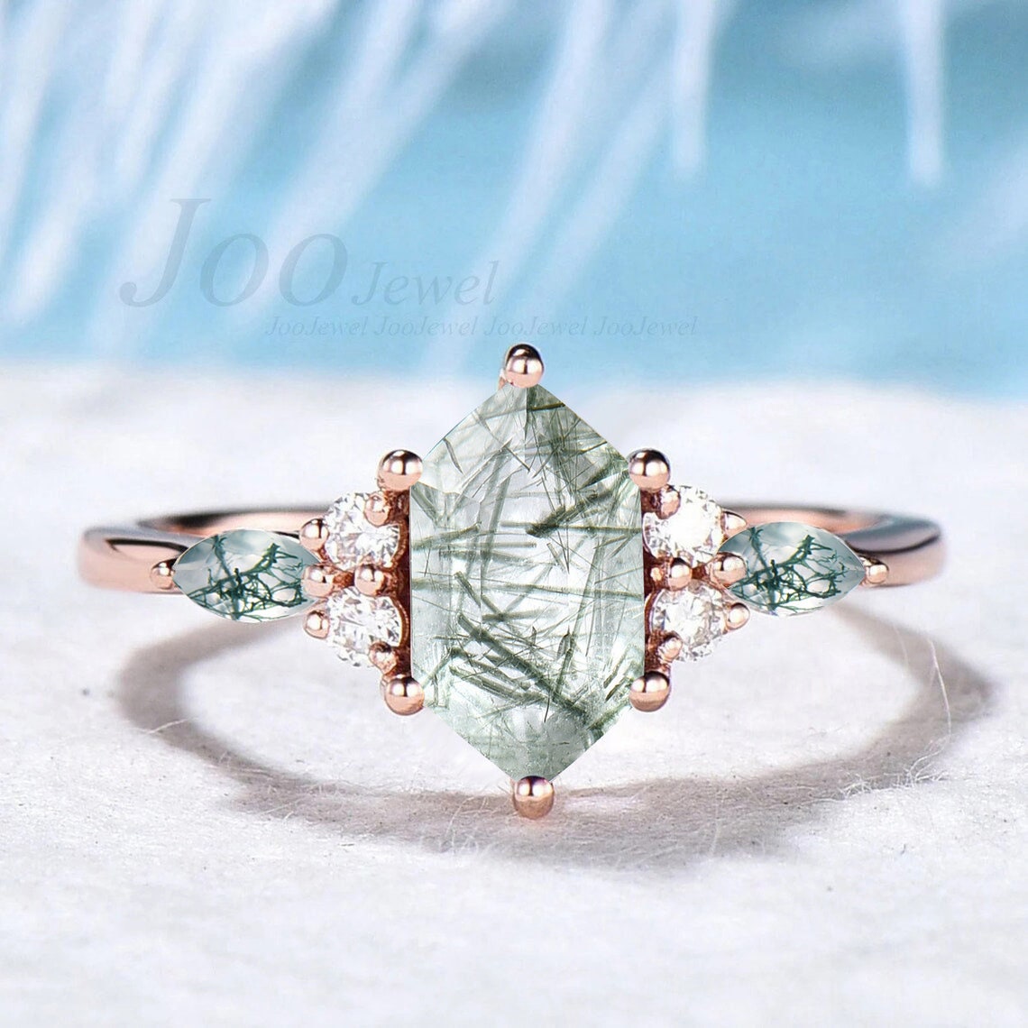 Natural Green Rutilated Quartz Ring Hexagon Cut Engagement Ring Green Quartz Moissanite Ring Energy Gemstone Crystal Jewelry Gift For Women