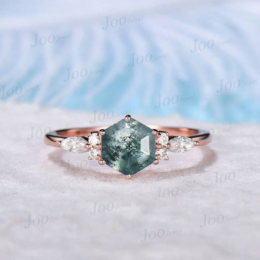 Hexagon Natural Moss Agate Engagement Ring Vintage Hexagon Ring Agate Ring for Women 7 Stone Ring Green Gemstone Ring Anniversary Gift