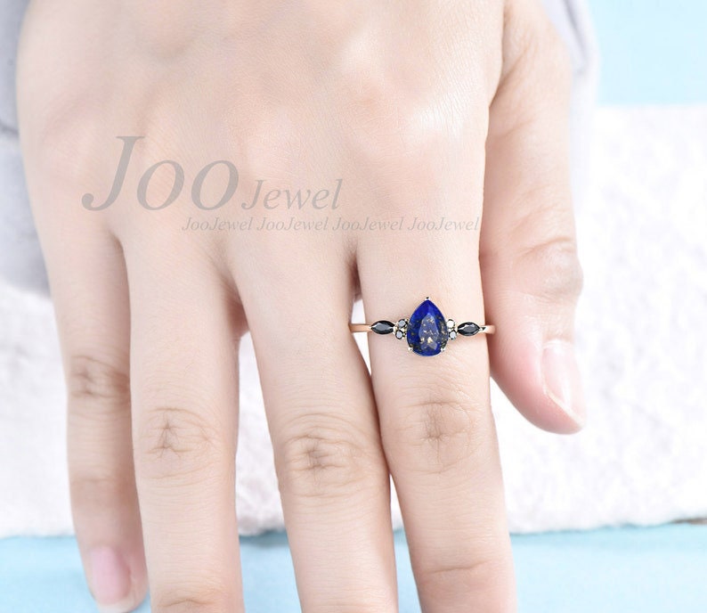 1.25ct Pear Shaped Natural Lapis Lazuli Engagement Ring Sterling Silver Vintage Lapis Gold Wedding Ring Blue Gemstone Antique Gift for Women