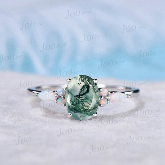 1.5ct Oval Cut Natural Green Moss Agate Engagement Rings Sterling Silver Aquatic Agate Ring for Women White Opal Wedding Ring Promise Gift