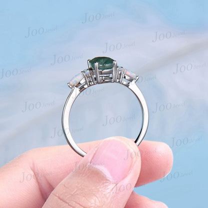 1.5ct Oval Cut Natural Green Moss Agate Engagement Rings Sterling Silver Aquatic Agate Ring for Women White Opal Wedding Ring Promise Gift