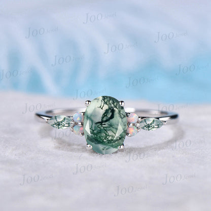 1.5ct Oval Cut Natural Green Moss Agate Engagement Rings Sterling Silver Aquatic Agate Ring for Women White Opal Wedding Ring Promise Gift